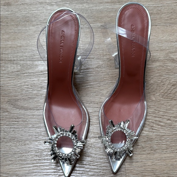 Amina Muaddi Shoes - Amina Muaddi Silver Crystal Embellished Heels
